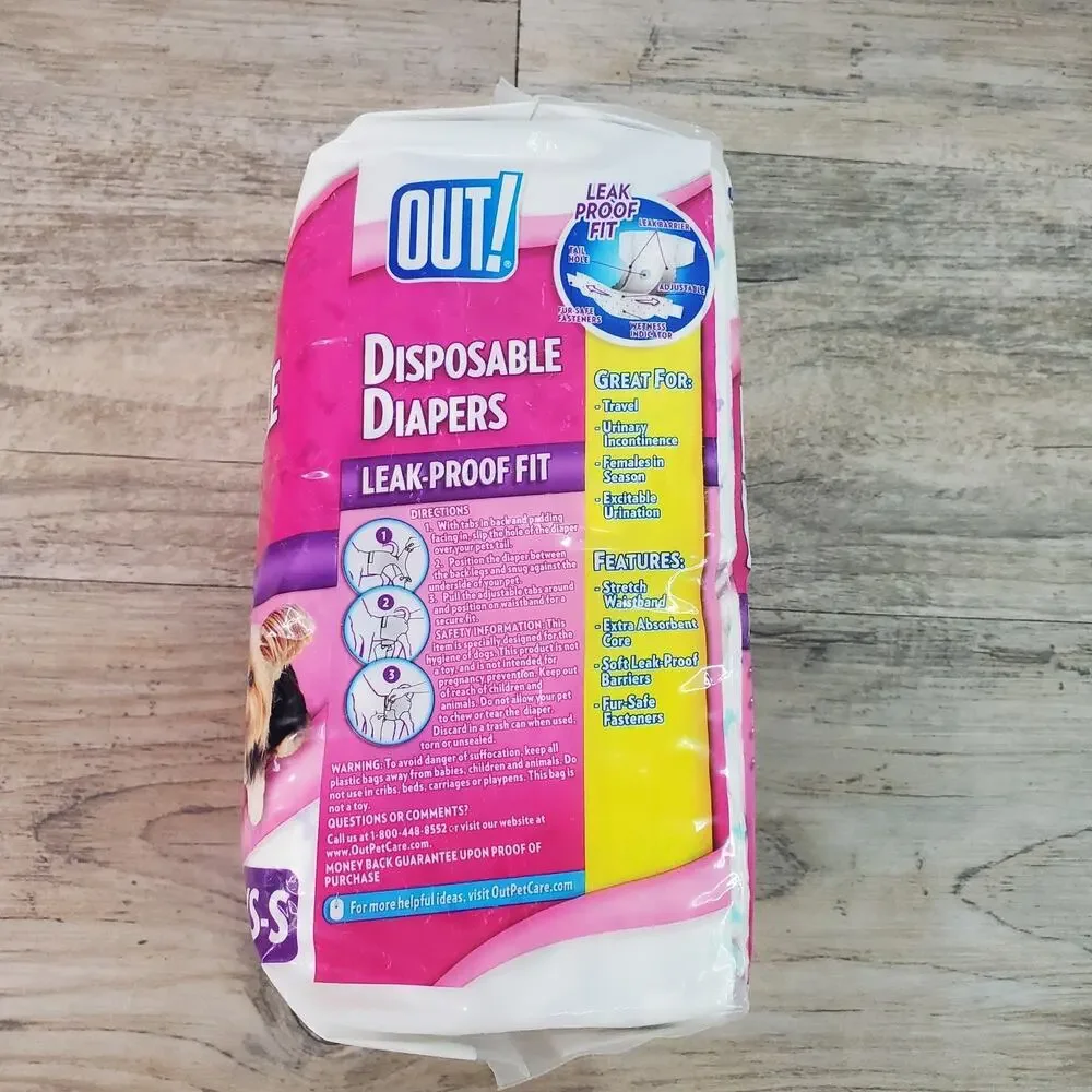 Out! XS/S Disposable Diapers Leak-Proof Fit for Female Dogs 16 Per Pack NEW
